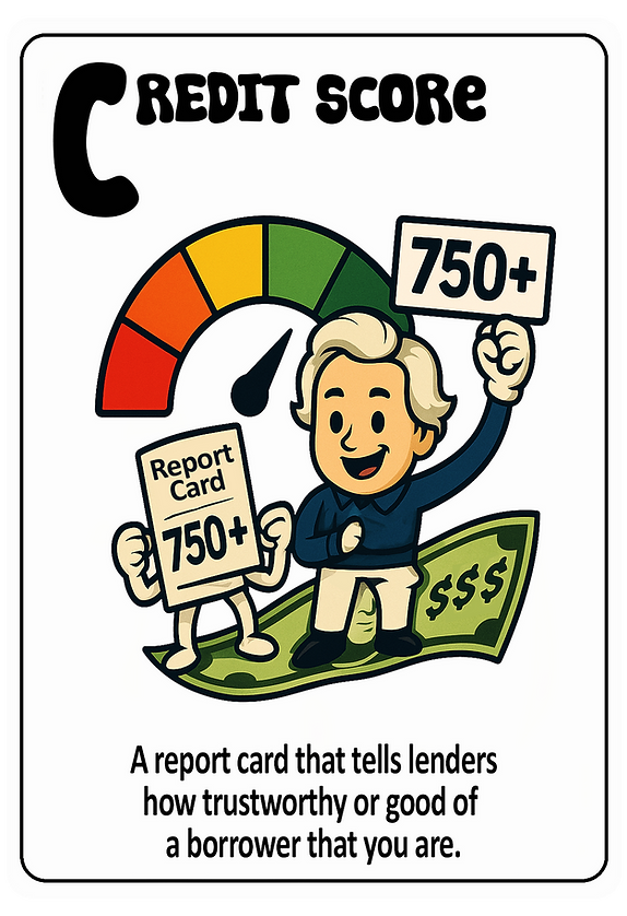 Credit Score — a report card that tells lenders how trustworthy a borrower you are